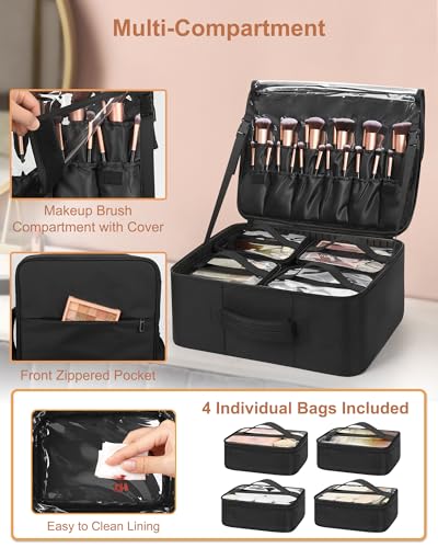 Relavel Makeup Backpack with Clear Makeup Bags, Extra Large Travel Train Case Makeup Artist Kit Set Bag with 4 Clear Bags, Storage Organizer Box with Dividers Cosmetic Hair Tools Barber Supplies - color: Black with clear makeup bags