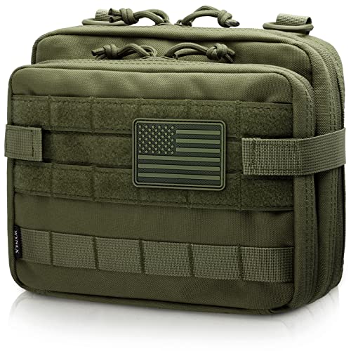 WYNEX Tactical Large Admin Pouch of Double Layer Design, Molle EDC EMT Utility Pouch with Map Sleeve Modular Tool Pouch Large Capacity Flag Patch Included - color: Army Green