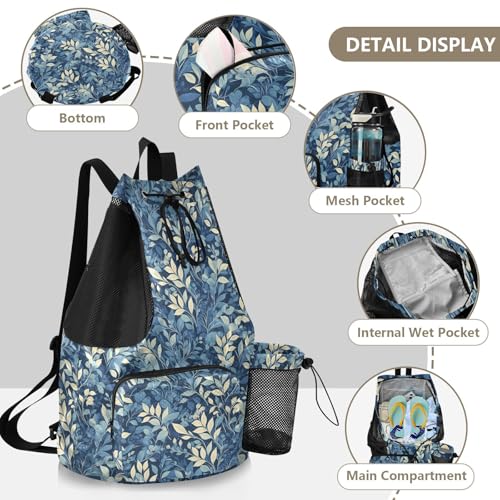 Yuiboo Blue Leaf Women Mens Drawstring Backpack Sport Gym Sackpack with Water Bottle Holder String Bag for School Wet and Dry Separation