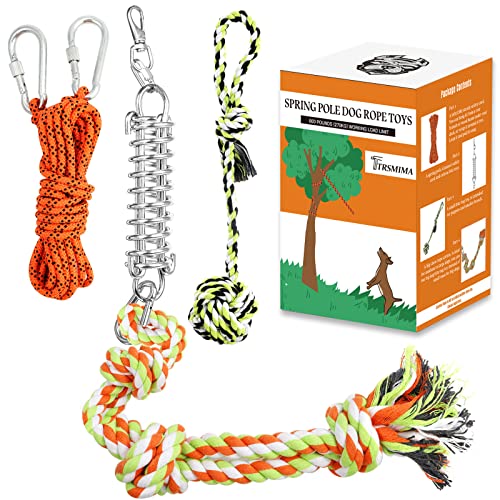 TT TRSMIMA Spring Pole Rope Toys: Rope Pull & Tug of War with a Big Spring Pole Kit & 2 Strong 16ft Toys - Muscle Builder Interactive Toy for Pitbull Medium to Large Dog - color: Orange