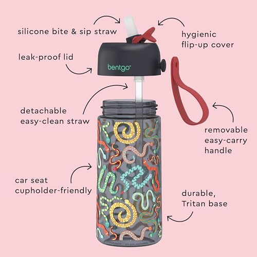 Bentgo Kids Water Bottle - Leak-Proof, Durable Tritan PFAS- & BPA-Free 15 fl oz, Kids/Toddlers Ages 3+ for School & Sports; Bite & Sip Spout, Carrying Handle, Dishwasher Safe (NEW Sssnakes) - color: Sssnakes