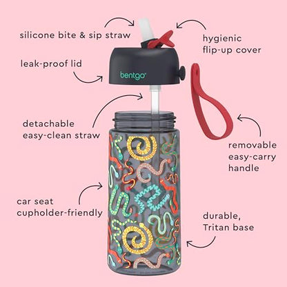 Bentgo Kids Water Bottle - Leak-Proof, Durable Tritan PFAS- & BPA-Free 15 fl oz, Kids/Toddlers Ages 3+ for School & Sports; Bite & Sip Spout, Carrying Handle, Dishwasher Safe (NEW Sssnakes) - color: Sssnakes