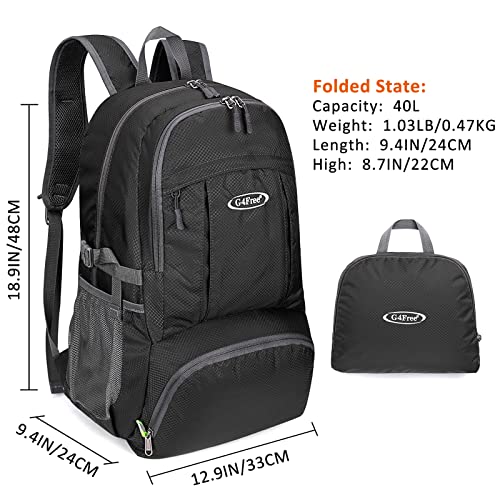 G4Free 40L Lightweight Packable Hiking Backpack, Waterproof Travel Daypack - color: Black