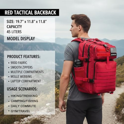 45L Military Tactical Backpack for Men & Women Bug Out Bag Assault pack Molle Daypack Hiking Trekking Rucksack (2.0 side pockets (red)) - color: 2.0 Side Pockets (Red)