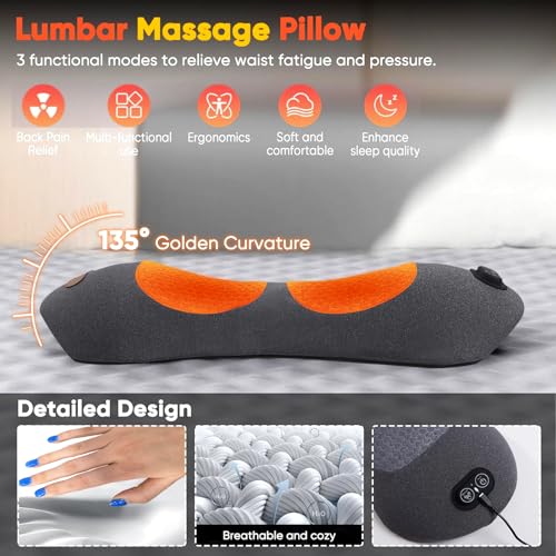 3 in 1 Back Massager, Electric Lumbar Support Pillow Heat Vibration Massage Lower Back Spine Decompression Device, Dark Gray - color: Dark Grey