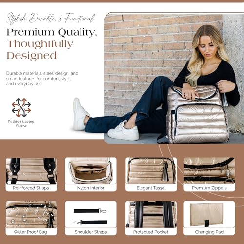 Citi Collective Gallery Diaper Bag Backpack - Casual Day-to-Day Backpack Fits 15" Laptop - Travel Bag with Multiple Compartments, Pockets, Portable Changing Pad, and Shoulder Strap-Gold - color: Gold