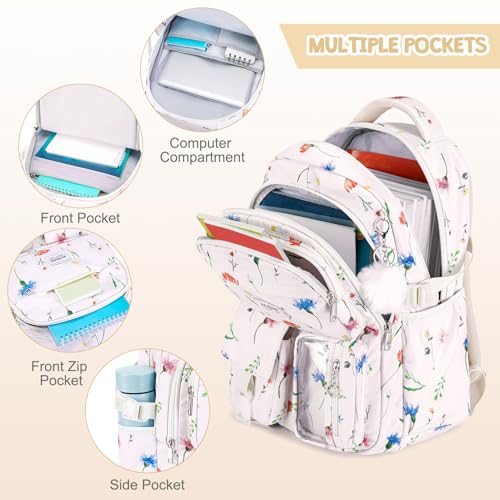 ACESAK Backpack for Girls - Girls Backpack with Lunch Bag & Pencil Pouch for Teen Kids Laptop Backpack for Women, Elementary Middle High School Bookbag Travel Daypack (Beige Flower) - color: Beige Flower