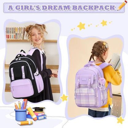 MUSEVOS Girls Backpack, Ideal School Backpack for Girls from Elementary to Teen Years, Kawaii Bookbag Cute Large Capacity (BLACK&PURPLE) - color: Black&purple