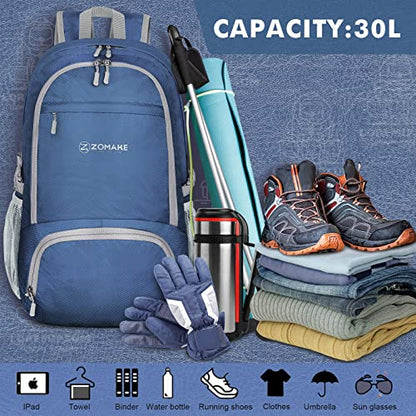 ZOMAKE Lightweight Packable Backpack 30L, Foldable Travel Hiking Daypack - color: B-navy Blue