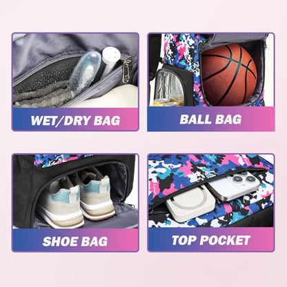 Basketball Backpack, Basketball Bag with Separate Ball Holder & Shoes Compartment Water Resistant Sports Bag Basketball Equipment Bags Fit Volleyball, Soccer, Swim, Gym, Travel, Camouflage (Small) - color: Pink-small