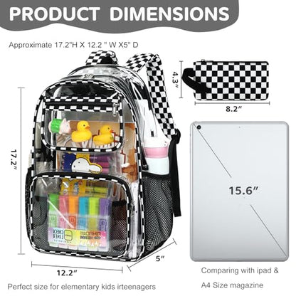 Bluboon Clear Backpack Heavy Duty Kids Boys Clear Bookbag See Through Backpacks with Pencil Case for College Work - color: Transparent Black White Checked