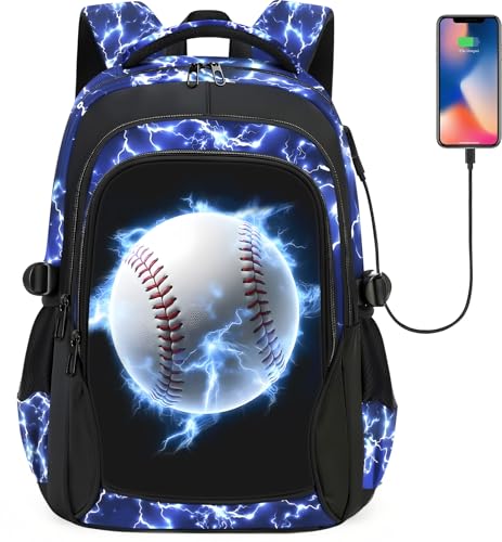 School Backpack for Boys - Baseball Boys Backpack for Kids Teens Elementary Middle School，18" Large Capacity Waterproof Bookbag with Usb Charging Port, Travel Daypack for age 6-18 - color: Baseball-backpack Only