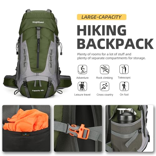 King'sGuard 60L Hiking Backpack for Men and Women Lightweight Camping Hiking Backpack with Rain Cover Large Waterproof Travel Backpack Backpacking Pack (Army Green) - color: Army Green