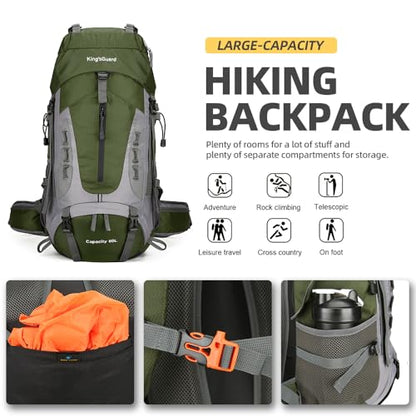 King'sGuard 60L Hiking Backpack for Men and Women Lightweight Camping Hiking Backpack with Rain Cover Large Waterproof Travel Backpack Backpacking Pack (Army Green) - color: Army Green