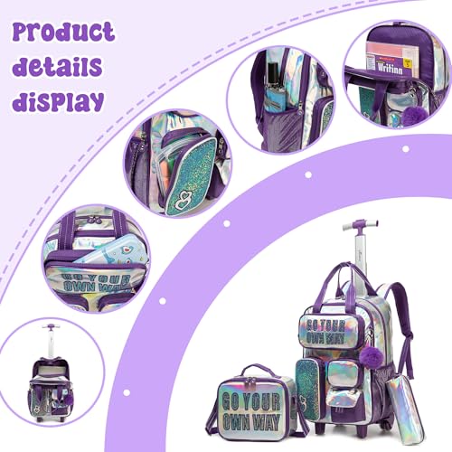 Kids Rolling Backpack with Wheels for Elementary Students Kids Travel Luggage Carry on School Backpack for Girls Ages 6-8 - color: A Purple