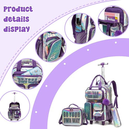 Kids Rolling Backpack with Wheels for Elementary Students Kids Travel Luggage Carry on School Backpack for Girls Ages 6-8 - color: A Purple