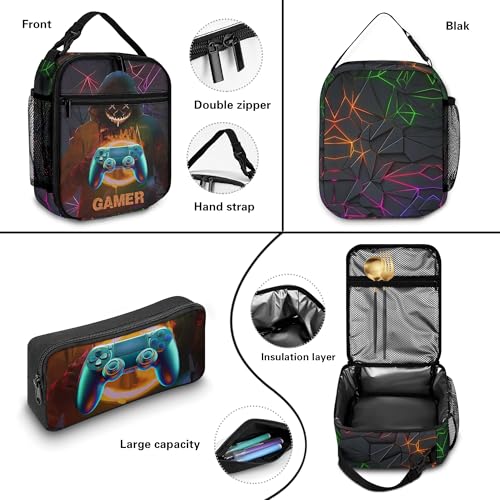 Boys Backpack with Lunch Box and Pencil Case, 3Pcs Gamer Backpack for Boys Teens, 17 Inch Large Capacity - color: GAME-HMWJ-3