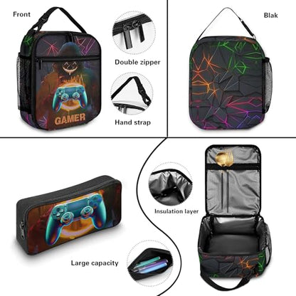 Boys Backpack with Lunch Box and Pencil Case, 3Pcs Gamer Backpack for Boys Teens, 17 Inch Large Capacity - color: GAME-HMWJ-3