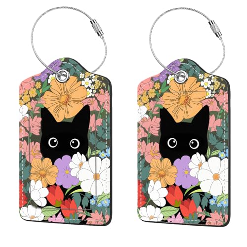 2 Pcs Luggage Tags for Suitcases, PU Leather Cruise Ship Luggage Tags with Privacy Cover Label Address Card and Durable Metal Ring Suitable for Men Women Handbags Backpacks,Flower Bushes and Cats - color: Flower Bushes and Cats