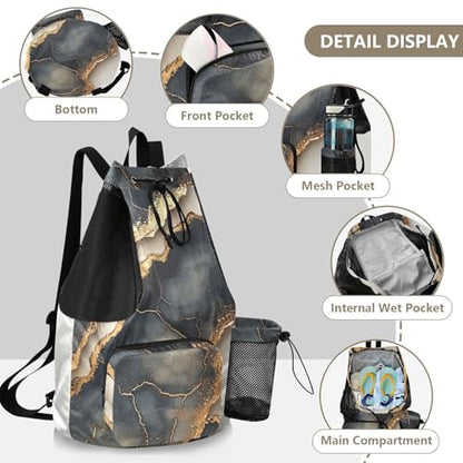 Drawstring Bags For Men Women Climbing Gym Bag With Water Bottle Pocket Pull String Bag Wet and Dry Separation Marble Black Beige - color: Color 18