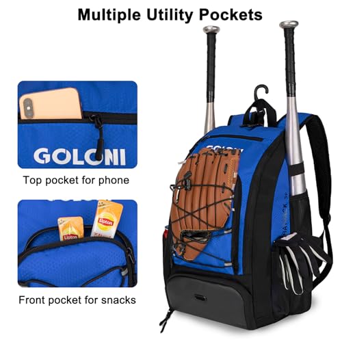 Goloni 40L Baseball Bag, Softball Bat Bag with Shoes Compartment,Fence Hook,Backpack for Baseball, T-Ball & Softball Equipment & Gear - color: Blue