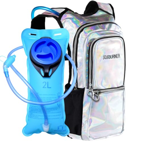 Sojourner Hydration Pack, Hydration Backpack - Water Backpack with 2l Hydration Bladder, Festival Essential - Rave Hydration Pack Hydropack Hydro for Hiking, Running, Biking, Festival Gear - color: Holographic - Silver