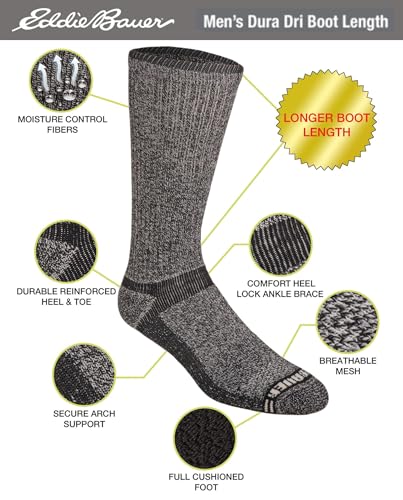 Eddie Bauer Men's Dura Dri Moisture Control Crew Socks (6 & 12 Packs) - color: Boot Length Black Assorted (6 Pairs)