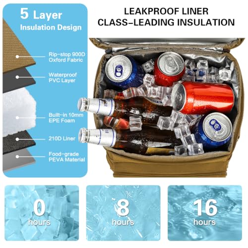 Tactical Cooler Backpack for Men, Double Deck Insulated Cooler Bag 40 Cans, Soft Lunch Backpack with 16H Ice Retention Waterproof Leakproof Picnic Backpack for Work Beach Camping BBQ Hiking - color: Brown