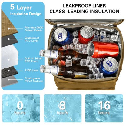 Tactical Cooler Backpack for Men, Double Deck Insulated Cooler Bag 40 Cans, Soft Lunch Backpack with 16H Ice Retention Waterproof Leakproof Picnic Backpack for Work Beach Camping BBQ Hiking - color: Brown