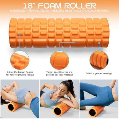 Krightlink Foam Roller High Density Foam Roller Set for Deep Tissue Muscle Massage, 18" Trigger Point Fitness Exercise Massage Roller Self-Myofascial Release for Whole Body (Orange) - size: 18"