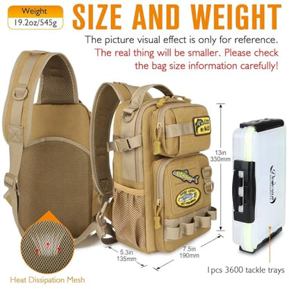 Dovesun Small Fishing Backpack with Tackle Boxes Fishing Sling Bag DIY Embroidery Patches Tackle Bag Gift for Men Khaki - color: A: Fishing Tackle Backpack(khaki)