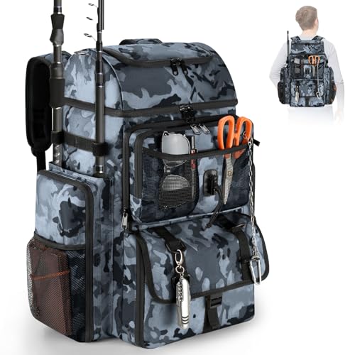 VJI 52L Large Fishing Tackle Backpack with Rod Holders, Black Camo - color: Black Camo