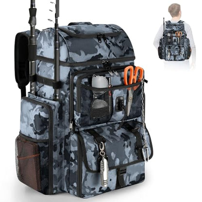 VJI 52L Large Fishing Tackle Backpack with Rod Holders, Black Camo - color: Black Camo