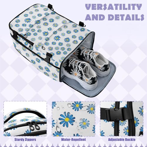 Travel Backpack with Shoe Compartment, 20L Large Capacity Laptop Backpack for Men Women, Blue Daisies Daypack for Traveling Hiking Carry On