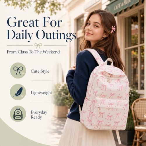 Bluboon School Backpack for Teen Girls Women Laptop Backpack College Bookbags Middle School Travel Work Commuter Back Pack - color: Beige Base Pink Bow & Heart