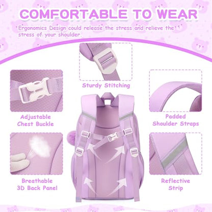 PIG PIG GIRL Kids Backpack for Girls School Bags for Middle School Students Book Bag for Elementary Primary Kawaii Ita Backpack, Purple and Beige - color: Purple and Beige
