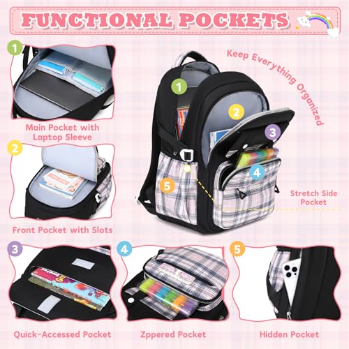 MUSEVOS Girls Backpack, Elementary Middle School Backpack, Large Capacity Kids Bookbag - color: Black/Pink