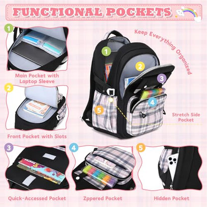 MUSEVOS Girls Backpack, Elementary Middle School Backpack, Large Capacity Kids Bookbag - color: Black/Pink