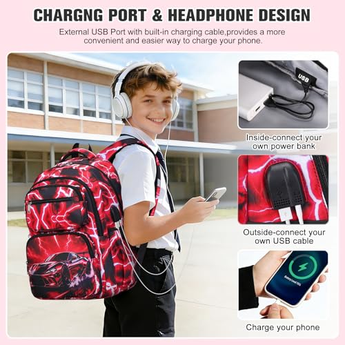Bevalsa Backpack for Boys, Lightning School Bags with Lunch Bag & Pen Case for Kids, Bookbag for Boys Teens Elementary Middle High School - color: Red Racing Car