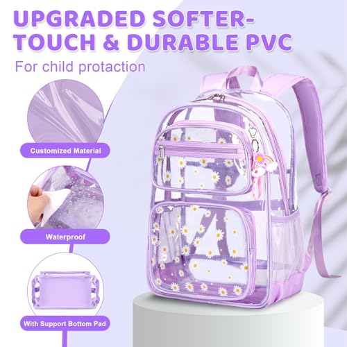 ACESAK Clear Backpack for Girls - 3 Pcs Clear Backpack Heavy Duty with Lunch Bag - See Through Bookbag Stadium Approved for Kids Middle High College School Sport Travel (Purple Daisy) - color: Purple Daisy
