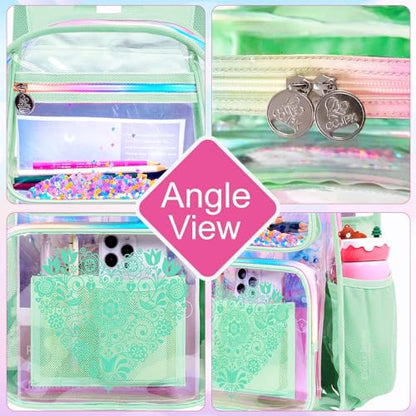 3PCS Clear Bookbag, Women’s Sequins Transparent Backpack Set, Cute Heavy Duty See-Through School Bag for Teens and Elementary Students – Flower Green Love - color: Flower Green Love Clear Backpack Set