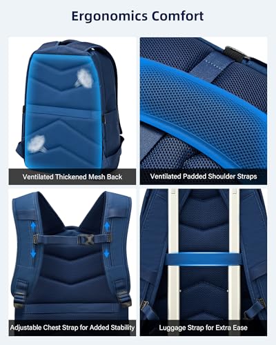 HanTrip Travel Laptop Backpacks for Women Men, Large Work Backpack for Commuter College School Book Bags, Reflective Water Resistant Backpack with Luggage Strap Bottle Pocket Chest Strap, Navy Blue - color: Navy Blue-2