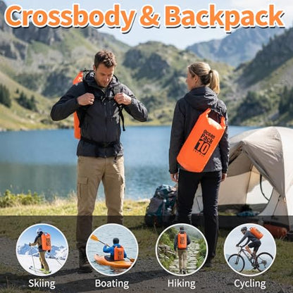 Waterproof Backpack 10L, Roll Top Closure Water Proof Dry Bag Orange, Lightweight Floating Dry Bag for Kayaking Boating, Durable Hiking Backpack with IPX8 Waterproof Phone Pouch-Black, 7" - color: Orange dry bag 10L + Phone pouch 7"