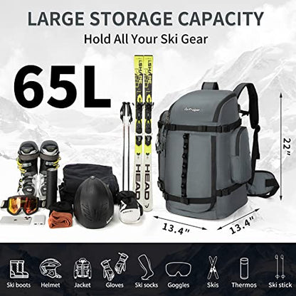 65L Ski Boot Bag,Large Duffle Travel Bag,1680D Nylon Waterproof Padded Ski Boot Bag Backpack For Women Men Kids - color: Grey