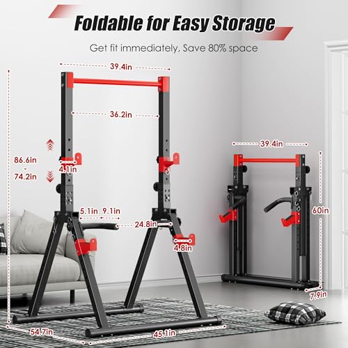 SogesPower Power Tower Pull Up Bar Station, Foldable Pull Up Dip Station Free Standing for Home Gym,Adjustable Pull Up Bar Stand Dip Bar Strength Training Workout Equipment,Triangular Design - color: Red