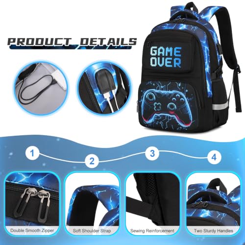 Scothen 3PCS Boys Backpack Set, Cool Backpack for Boys with Lunch Bag & Pencil Case, Kids School Bag Teen Boy Bookbag for Kindergarten Elementary Middle School with USB Charging Port - color: Futuristic Blue Lightning