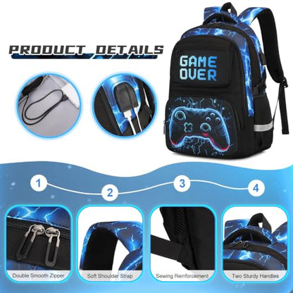 Scothen 3PCS Boys Backpack Set, Cool Backpack for Boys with Lunch Bag & Pencil Case, Kids School Bag Teen Boy Bookbag for Kindergarten Elementary Middle School with USB Charging Port - color: Futuristic Blue Lightning
