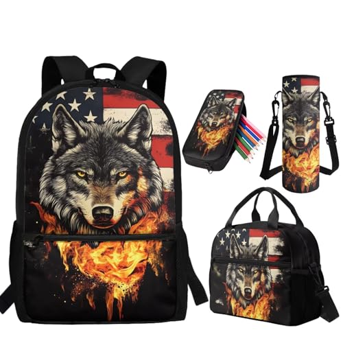 American Flag Wolf Backpack with Lunch Box for Boys 8-12 Kids Bookbag for Primary Elementary School Bags with Water Bottle Pouch and Pencil Case 4PCS Back to School Bags with Side Pocket - color: American Flag Wolf