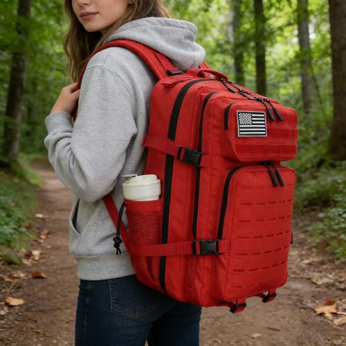 Sparklekle Military Tactical Backpack 45L 3 Day Assault Pack Waterproof Molle Hiking Rucksack for Men&Women (Red) - color: Red, size: 45L