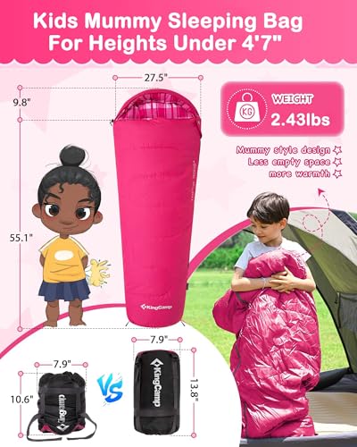 KingCamp 45°F Kids Sleeping Bag, Lightweight Waterproof & Compact Flannel Sleeping Bags Cold Weather & Warm Youth Essentials Gear Accessories for Camping, Fits 10-12 Children up to 4'7"-5'5" Tall - color: Mummy 8.6°F ~42.8°F Pink